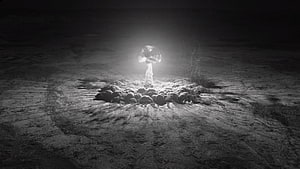 Monochrome Nuclear Explosion Mushroom Cloud Rising Over Barren Landscape HD wallpaper
