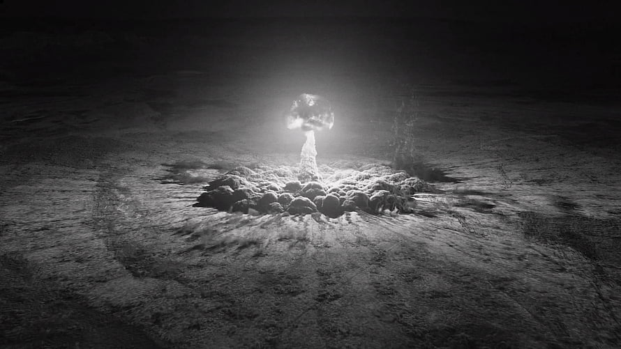 Monochrome Nuclear Explosion Mushroom Cloud Rising Over Barren Landscape HD wallpaper