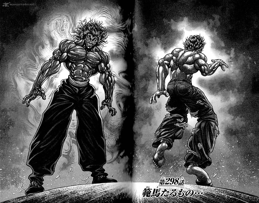 Baki and Yujiro Hanma Intense Confrontation in Black and White Manga Art HD wallpaper