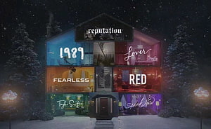 Taylor Swift Album Covers Arranged as a Snowy House at Night HD wallpaper