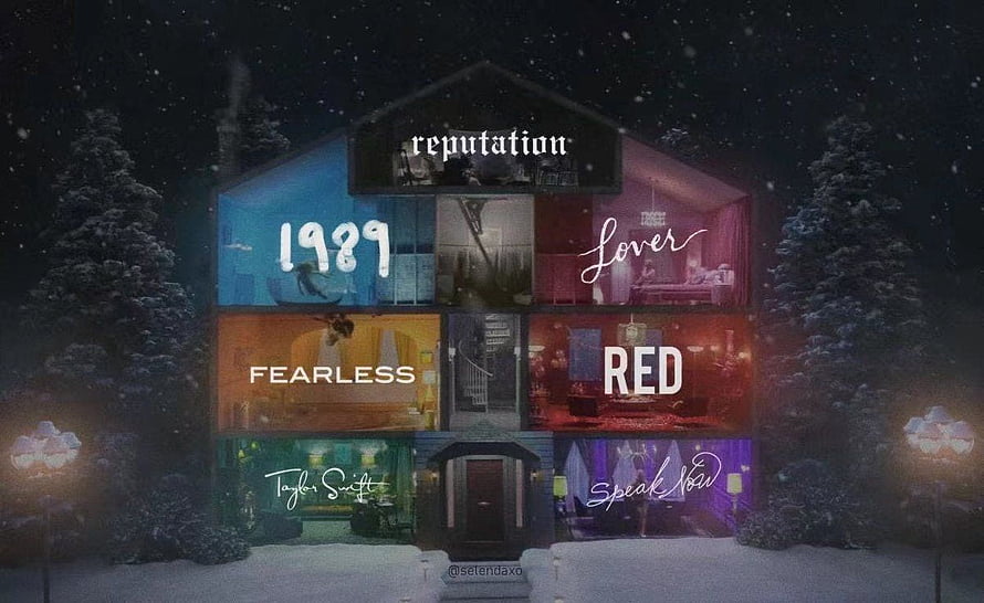 Taylor Swift Album Covers Arranged as a Snowy House at Night HD wallpaper