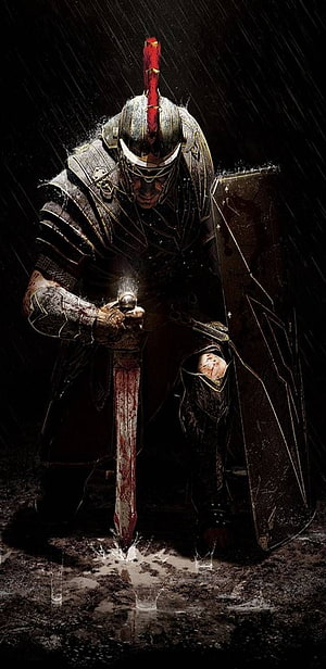 Kneeling Roman Legionary in Dark Rain with Bloodied Sword and Shield HD phone wallpaper