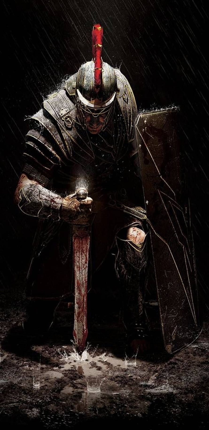 Kneeling Roman Legionary in Dark Rain with Bloodied Sword and Shield HD phone wallpaper