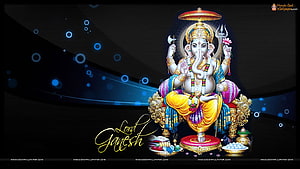 Lord Ganesha Seated on Ornate Throne with Trishula and Modak Offering HD wallpaper