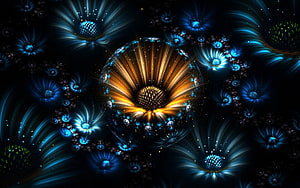 Glowing Fractal Flower Sphere with Radiant Golden Core and Blue Petals on Dark Background HD wallpaper