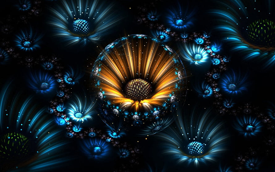 Glowing Fractal Flower Sphere with Radiant Golden Core and Blue Petals on Dark Background HD wallpaper