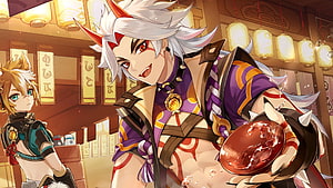 Arataki Itto and Ayoa in a Lantern-Lit Sumeru Tavern from Genshin Impact HD wallpaper