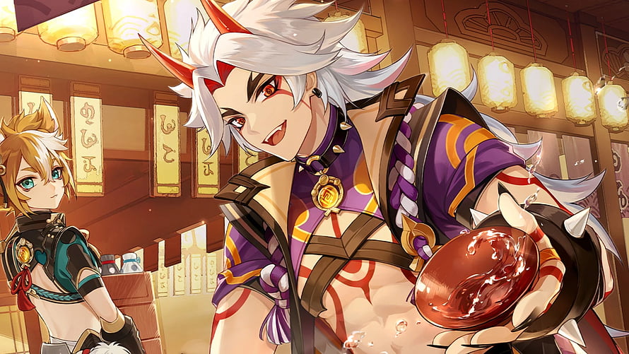 Arataki Itto and Ayoa in a Lantern-Lit Sumeru Tavern from Genshin Impact HD wallpaper