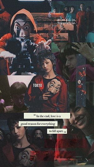 Money Heist Tokyo Aesthetic Collage with Dalí Masks and Red Suits HD phone wallpaper