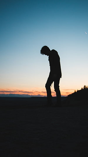 Lonely Silhouette of a Man Standing in a Field at Sunset, Sad, Sad Boy, Alone Boy HD phone wallpaper