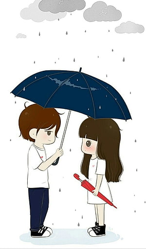 Cute Cartoon Couple Sharing Blue Umbrella in Rainy Weather HD phone wallpaper