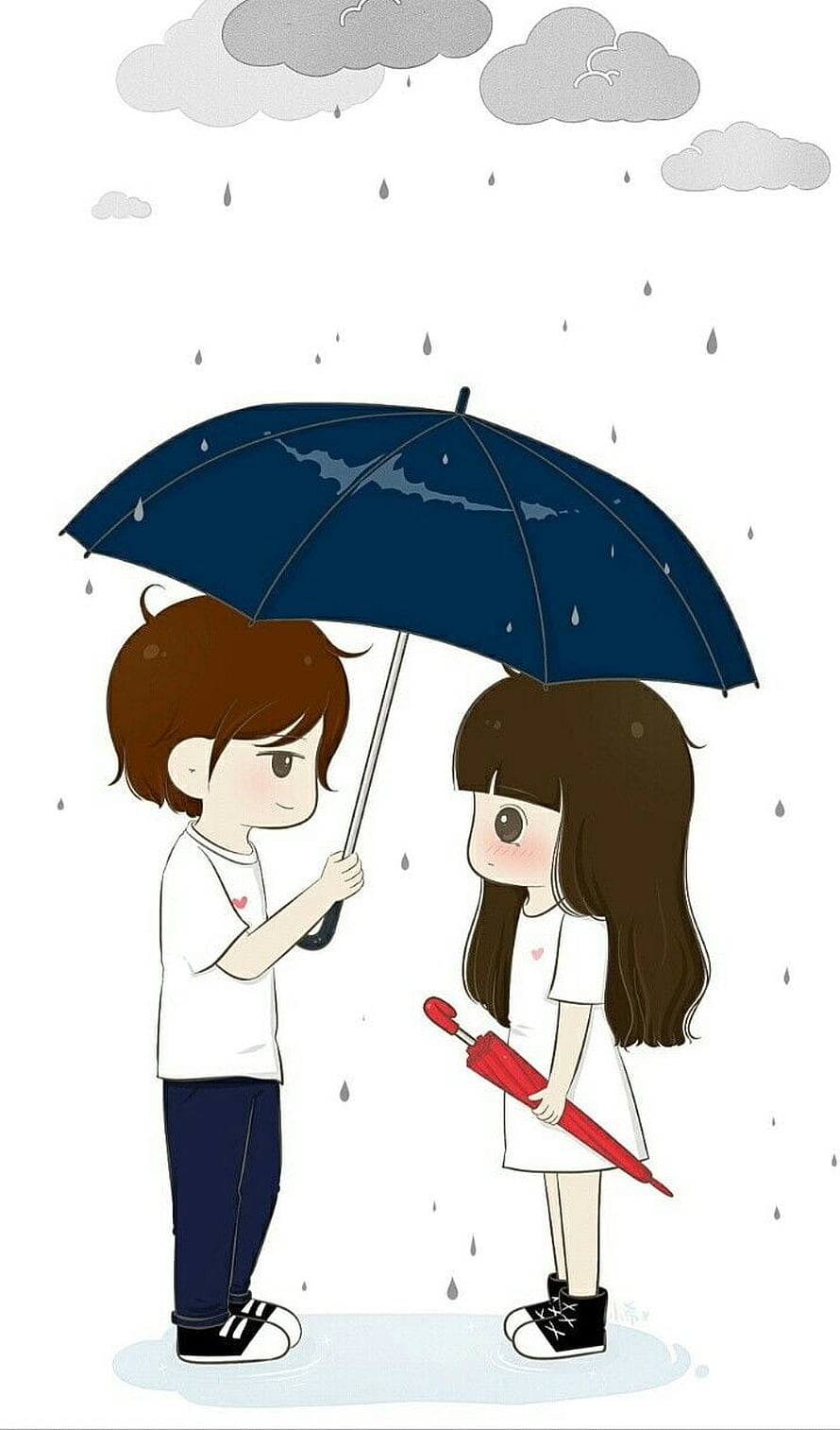 Cute Cartoon Couple Sharing Blue Umbrella in Rainy Weather HD phone wallpaper