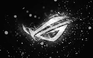 Republic of Gamers White Logo with Neon Glow and Particle Effects on Black Background HD wallpaper