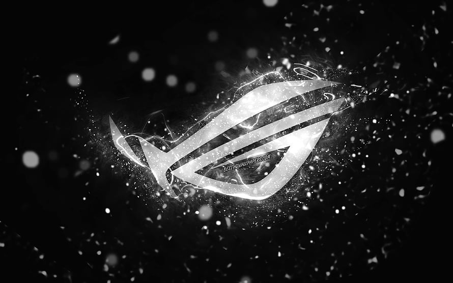 Republic of Gamers White Logo with Neon Glow and Particle Effects on Black Background HD wallpaper