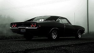 Black 1970 Dodge Challenger R/T Coupe Rear Three-Quarter View in Foggy Atmosphere HD wallpaper