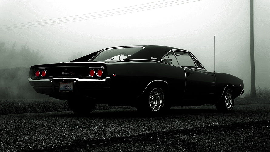Black 1970 Dodge Challenger R/T Coupe Rear Three-Quarter View in Foggy Atmosphere HD wallpaper