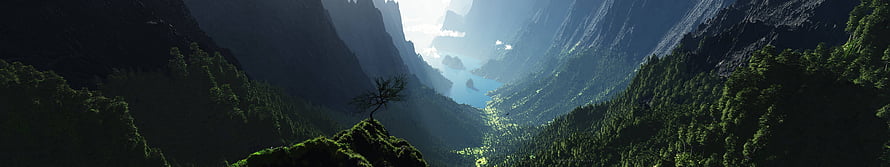 Misty Mountain Valley with Solitary Tree and Distant Lake HD wallpaper