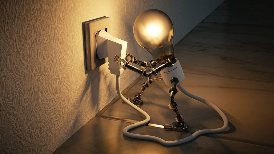 Glowing Light Bulb Robot Plugging Into Wall Socket 3D Render HD wallpaper