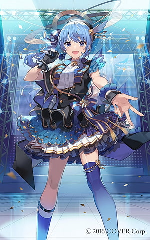 Suisei Hoshimachi from Hololive in a blue stage idol outfit with microphone and angel halo HD phone wallpaper