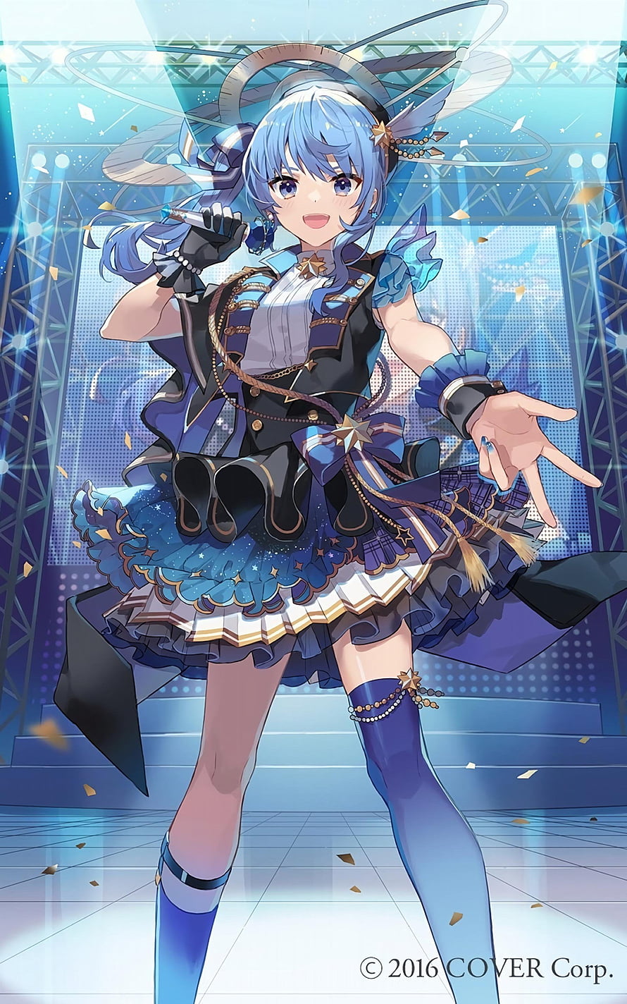 Suisei Hoshimachi from Hololive in a blue stage idol outfit with microphone and angel halo HD phone wallpaper