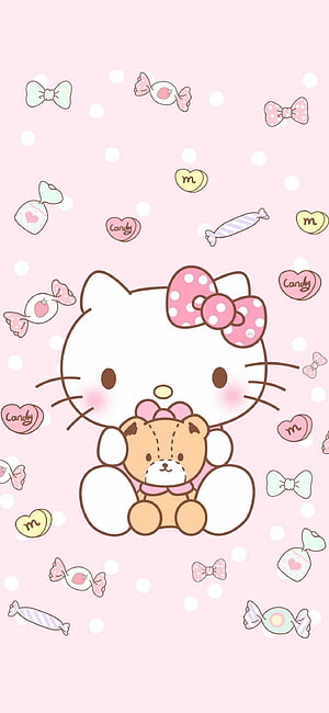 Hello Kitty Holding Teddy Bear on Pink Polka Dot Background with Candy and Bow Pattern HD phone wallpaper