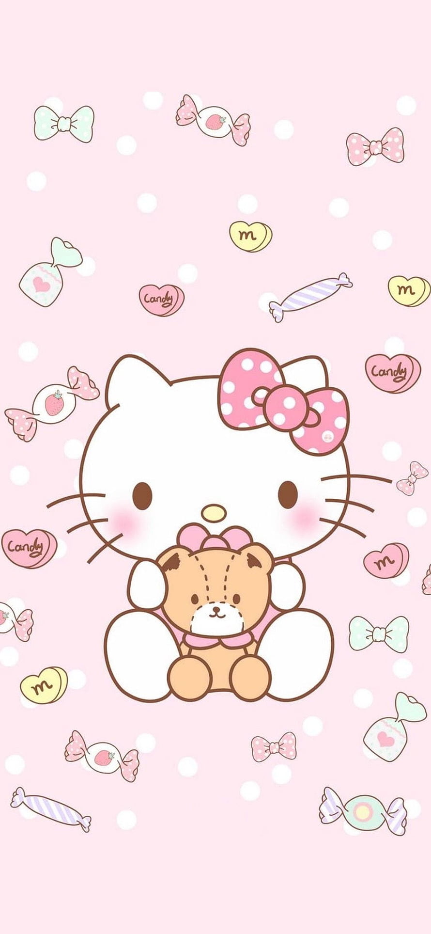Hello Kitty Holding Teddy Bear on Pink Polka Dot Background with Candy and Bow Pattern HD phone wallpaper