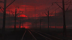 Eerie Red Sunset Over Foggy Railway Tracks With Silhouetted Power Lines HD wallpaper