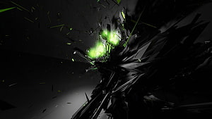 Abstract Dark Shatter with Glowing Lime Green Energy Core and Black Fragments HD wallpaper