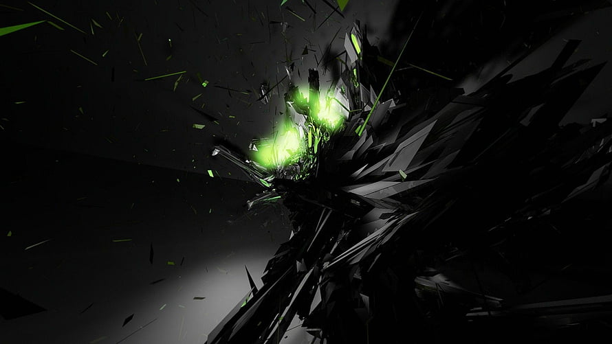 Abstract Dark Shatter with Glowing Lime Green Energy Core and Black Fragments HD wallpaper