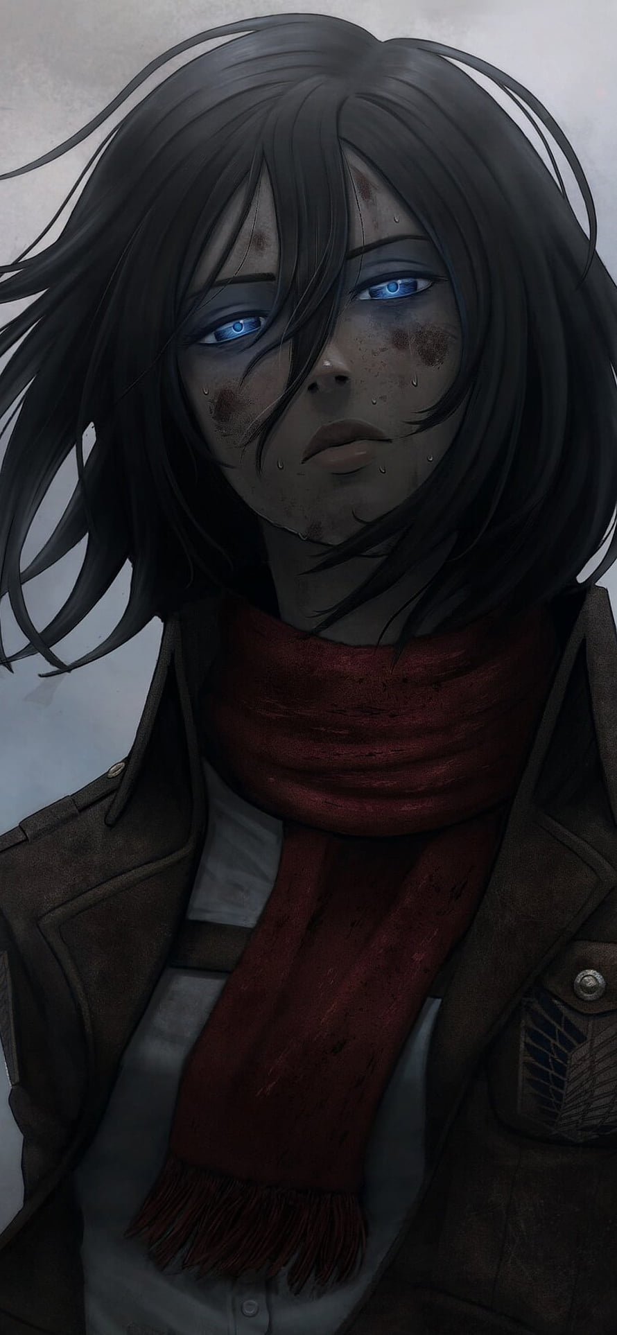 Mikasa Ackerman Anime Portrait with Red Scarf and Blue Eyes HD phone wallpaper