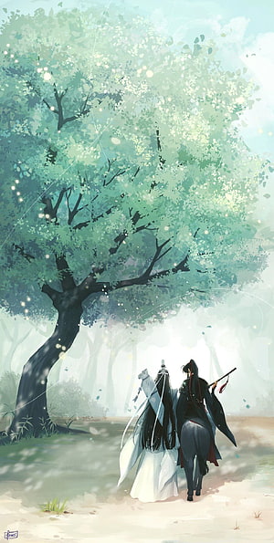 Lan Wangji and Wei Wuxian Riding Through Misty Forest in Untamed HD phone wallpaper