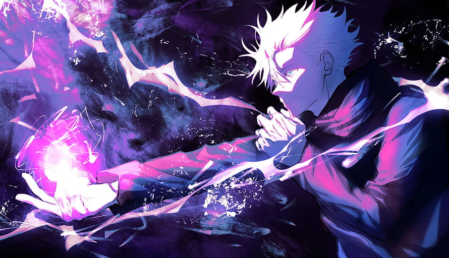 Satoru Gojo from Jujutsu Kaisen channeling purple cursed energy in a dramatic anime illustration HD wallpaper