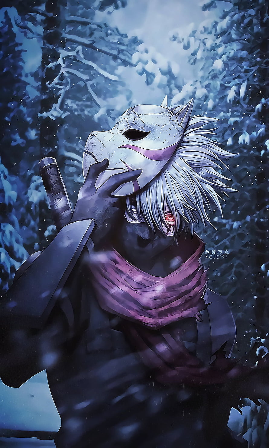 Hatake Kakashi in a cracked white mask with red eyes and a purple scarf in a snowy forest HD phone wallpaper