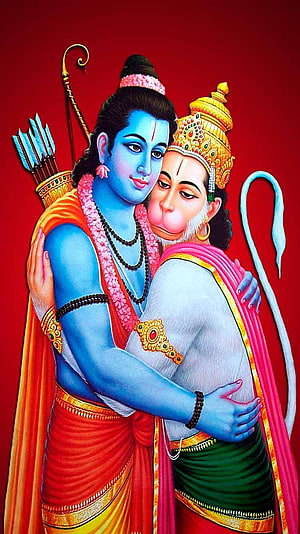 Lord Rama and Hanuman Embrace in Traditional Indian Mythological Art, Shri Ram Hanuman - Shri Ram For Mobile, Shree Ram HD phone wallpaper