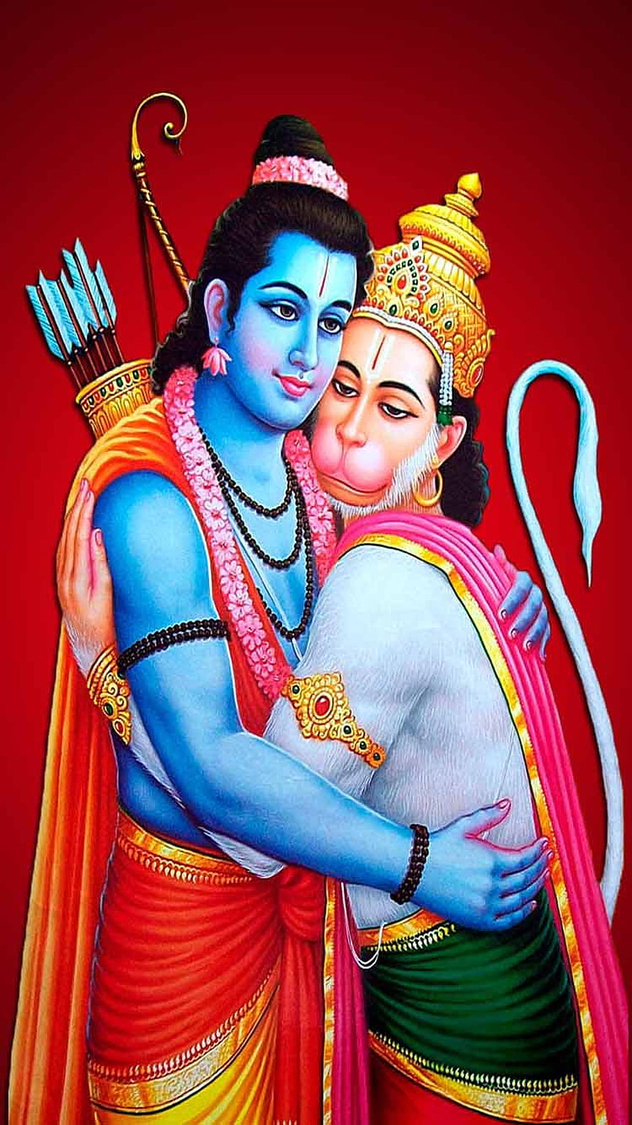 Lord Rama and Hanuman Embrace in Traditional Indian Mythological Art HD phone wallpaper
