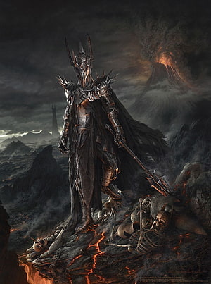 Sauron Dark Lord of Middle Earth in Spiked Armor Standing on Volcanic Rock HD phone wallpaper