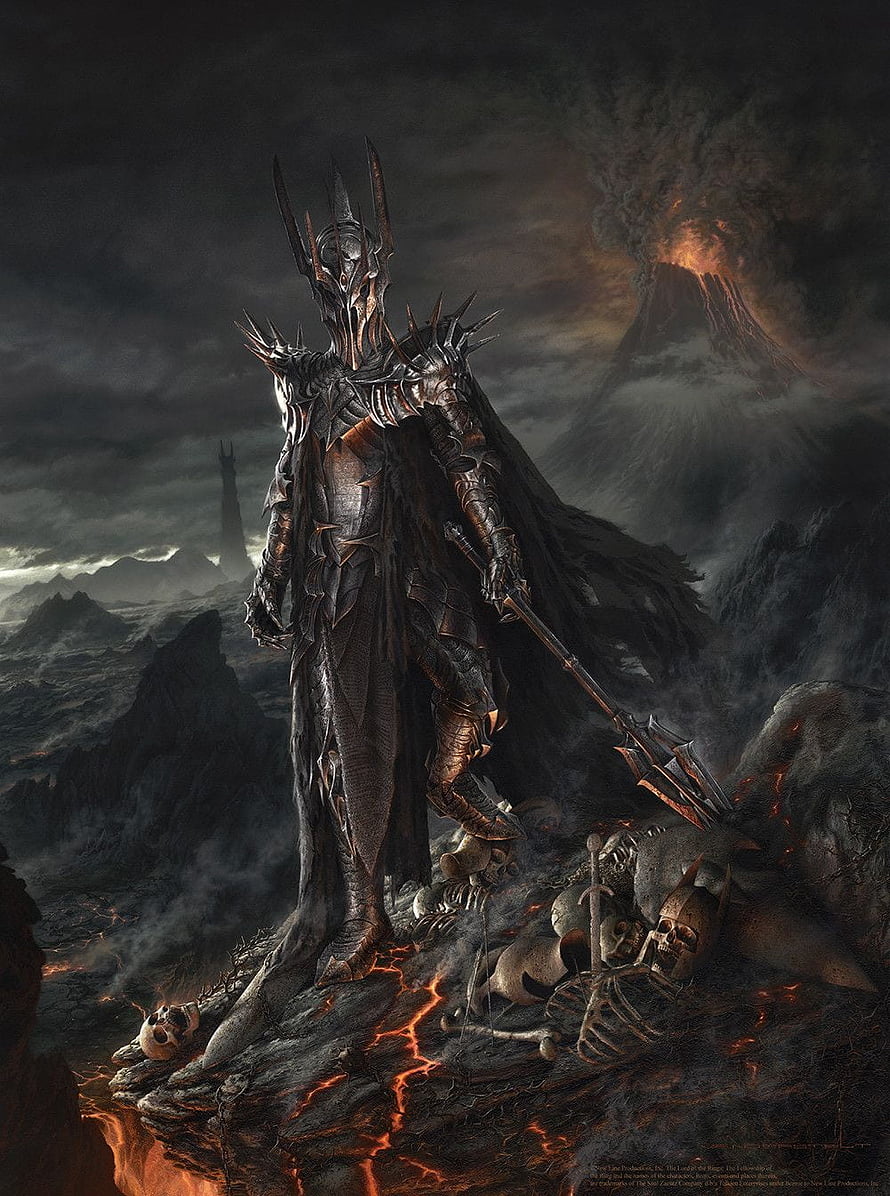 Sauron Dark Lord of Middle Earth in Spiked Armor Standing on Volcanic Rock HD phone wallpaper