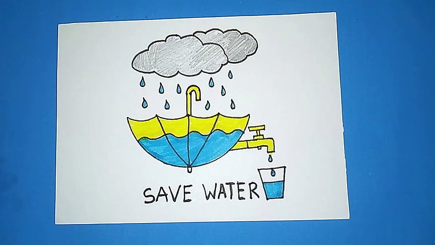 Hand-drawn Save Water Poster Featuring Umbrella Catching Rain and Faucet HD wallpaper