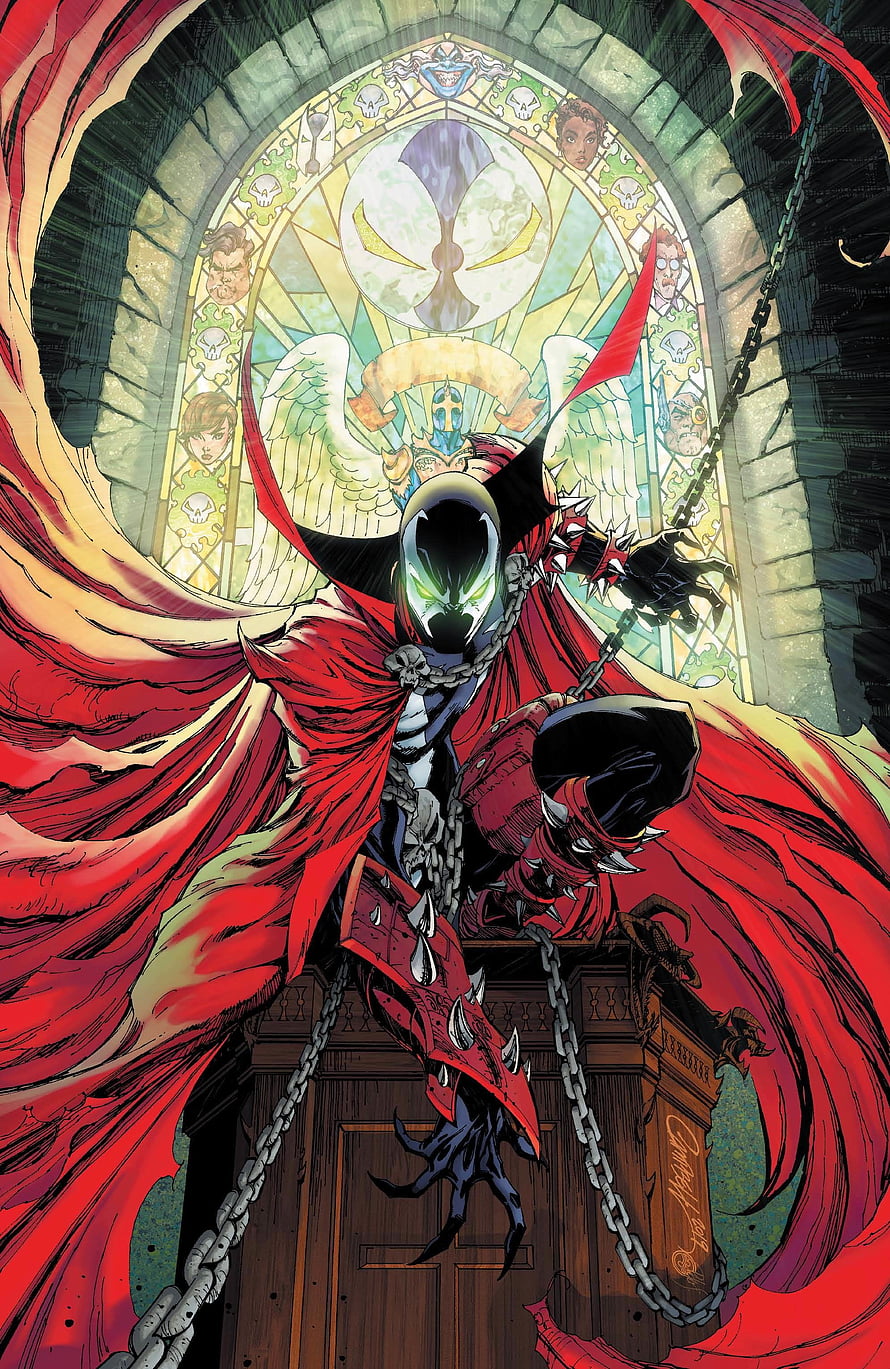 Spawn in Red Cape and Spiked Armor Before Gothic Stained Glass Window HD phone wallpaper