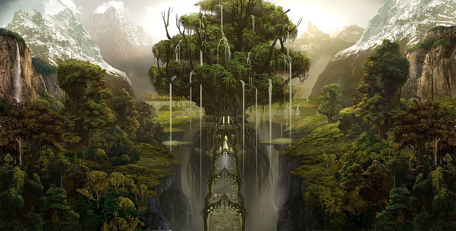 Yggdrasil World Tree Fantasy Landscape with Waterfalls and Snowy Mountains HD wallpaper