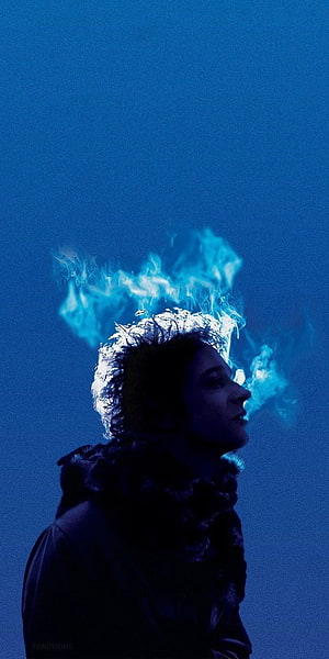 Gustavo Cerati Silhouette with Blue Flame Effect on Deep Blue Background HD phone wallpaper