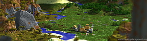 Minecraft Village Landscape with River and Stone Mountains HD wallpaper