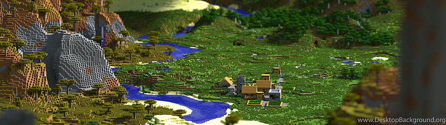 Minecraft Village Landscape with River and Stone Mountains HD wallpaper