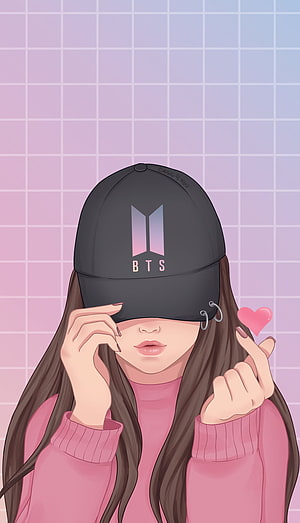 BTS Fan Art Illustration of Girl in Pink Sweater Wearing Black Cap HD phone wallpaper