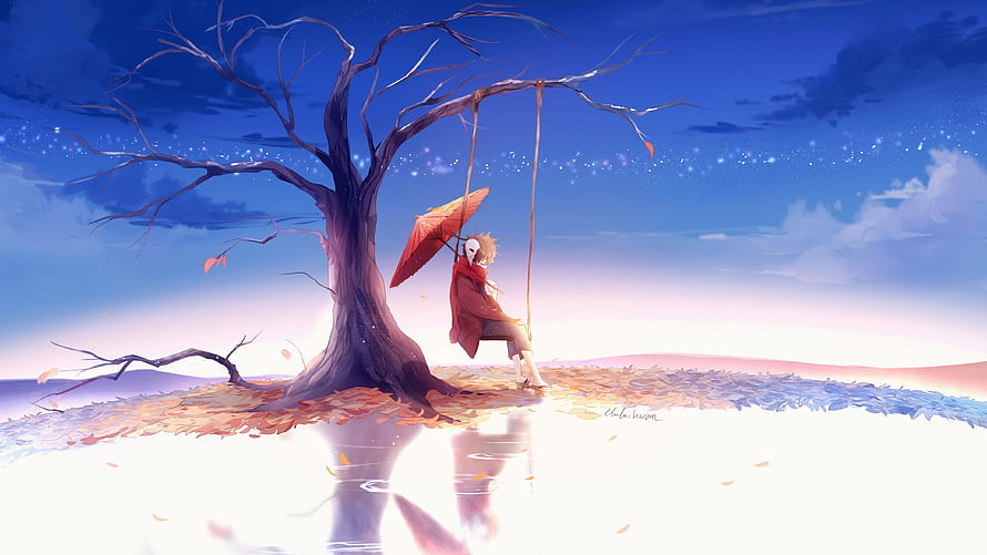 Melancholic Anime Girl on a Swing Under a Bare Tree at Twilight HD wallpaper