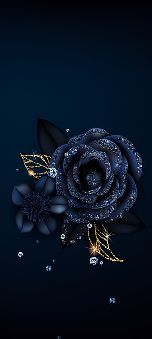 Luxurious Dark Blue Rose with Diamond Accents and Golden Sparkles on Black Background HD phone wallpaper