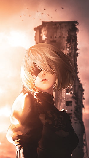 2B from NieR Automata in Golden Hour Light Before a Ruined Tower HD phone wallpaper