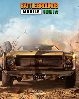 Battlegrounds Mobile India Golden Muscle Car Front View with DORADO License Plate and Explosion Background HD phone wallpaper