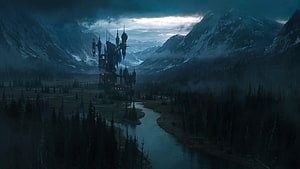 Dracula's Castle in a Misty Mountain Valley from Castlevania HD wallpaper