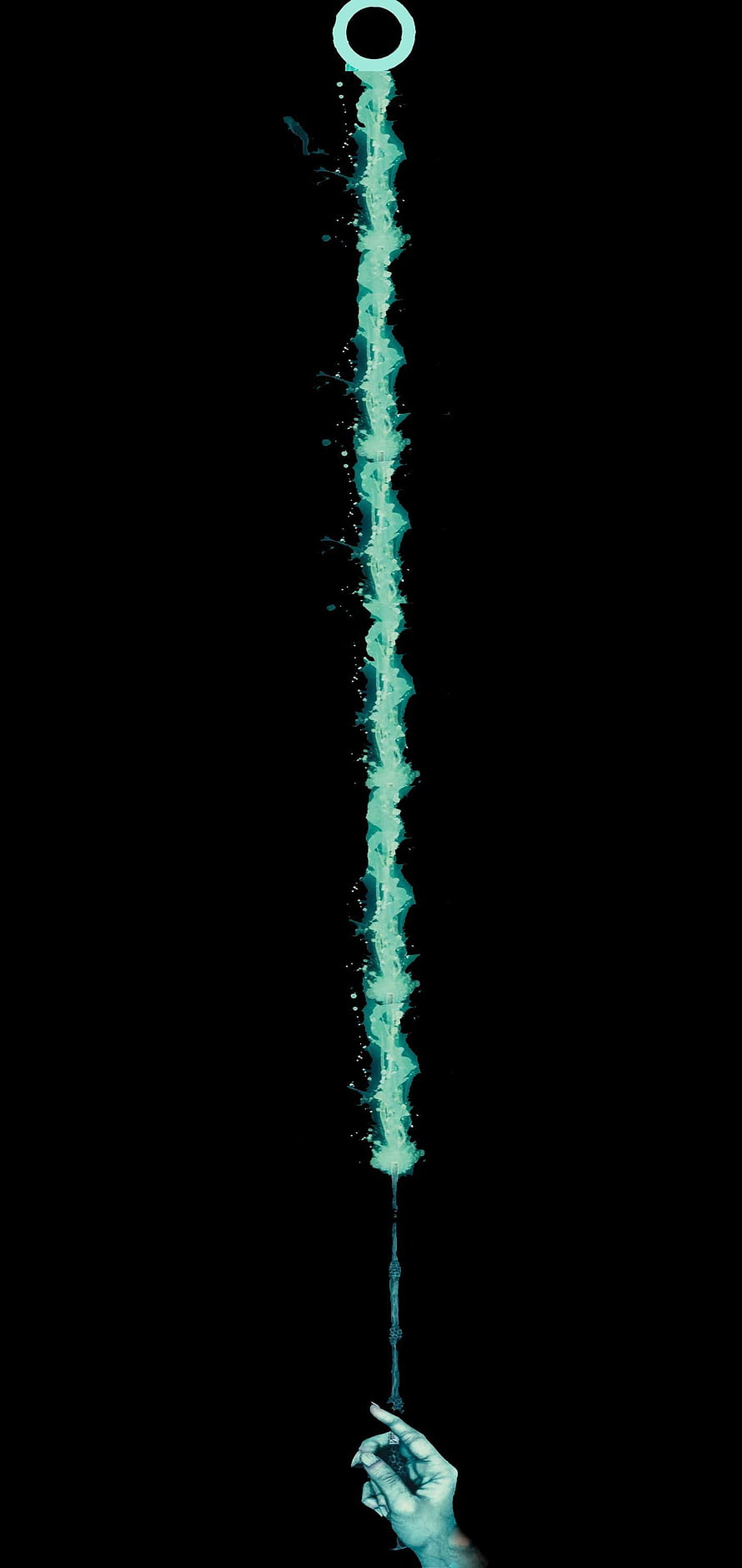 Glowing Cyan Liquid Stream Connecting Hand to Ring on Black Background HD phone wallpaper